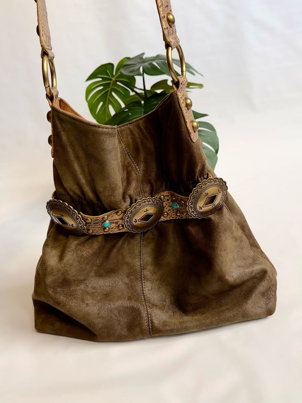 Brown Suede Hobo Bag with Turquoise-Accent Concho Belt - Picture 2 of 9